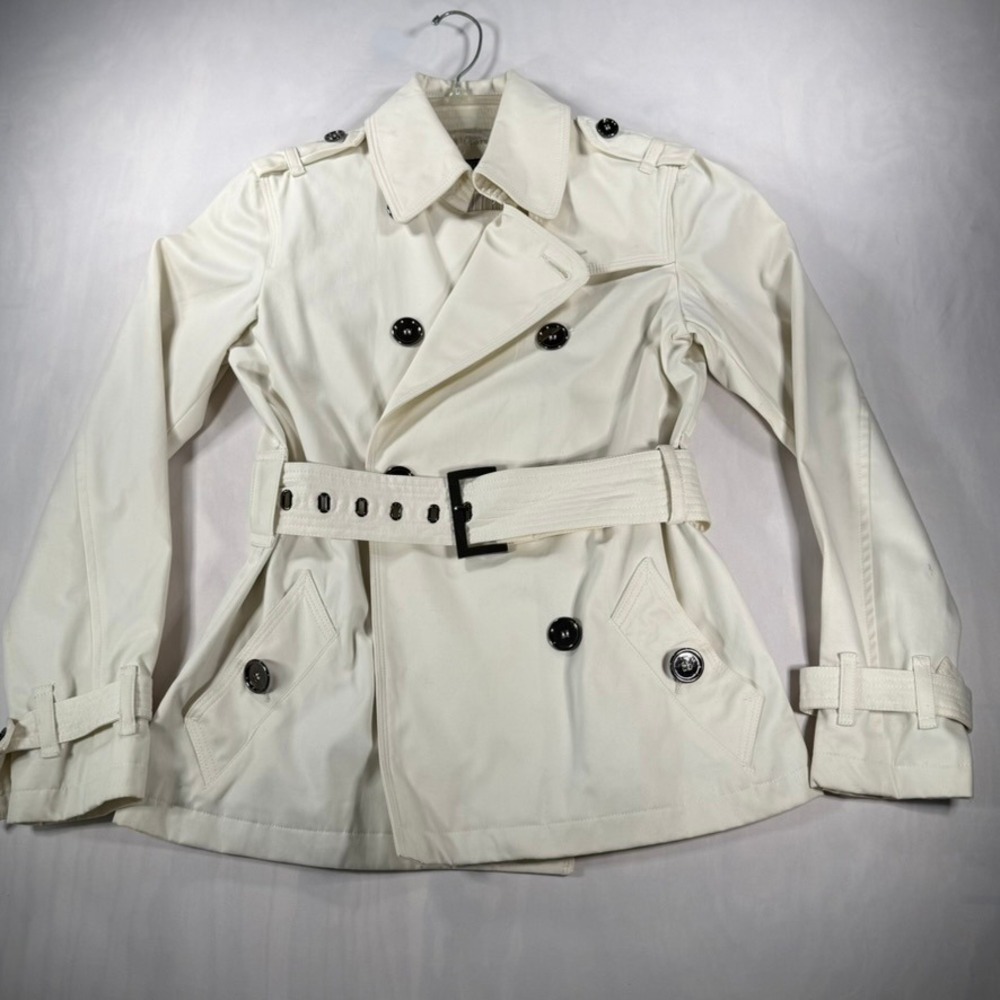 E & R Trench Coat Women 2 Ivory Double Breasted Belted Cotton Striped Lining